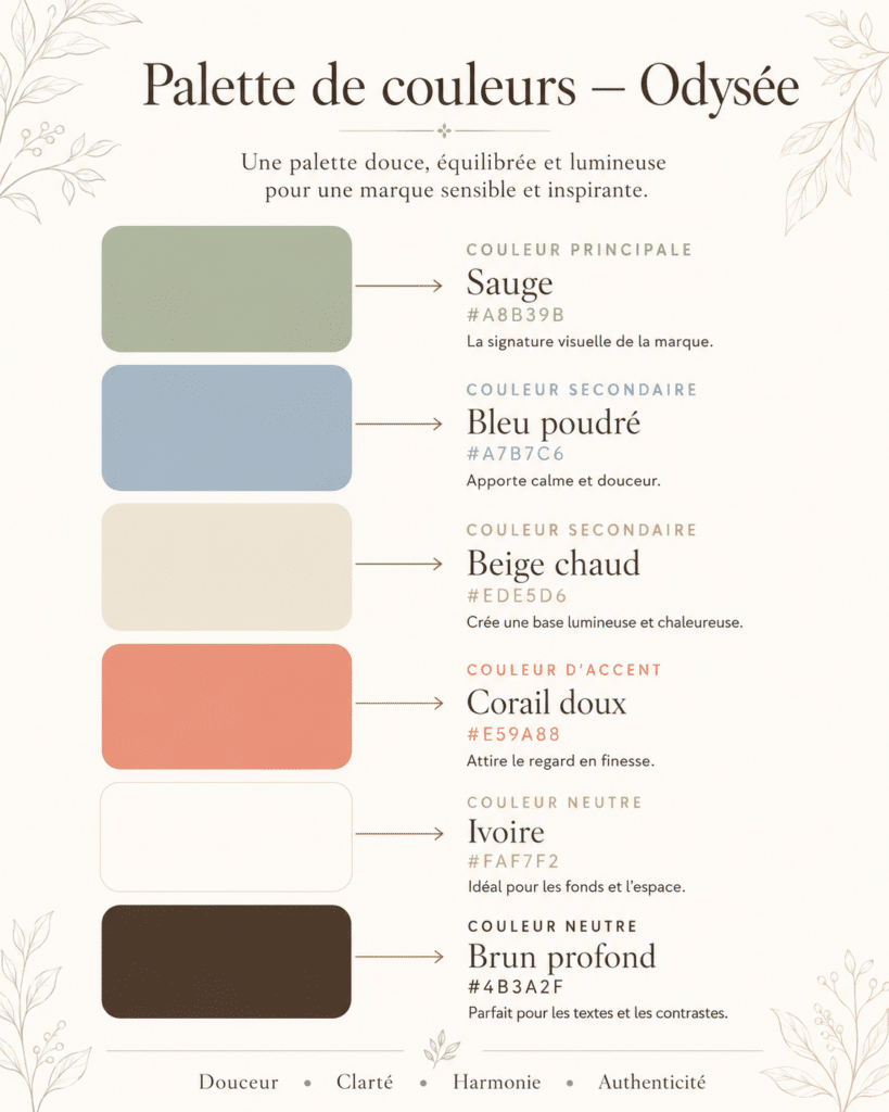 Palette de couleurs avec exemples de couleurs principales, secondaires, accents, neutres d'une charte graphique.