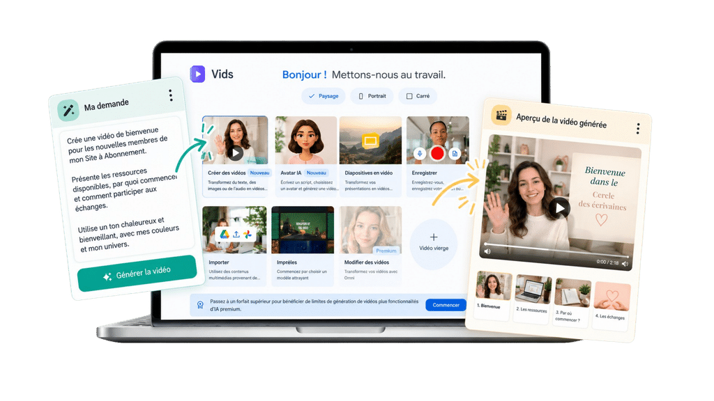 Exemple création vidéo de bienvenue pour les membres d'un site à abonnement avec Google Vids.
