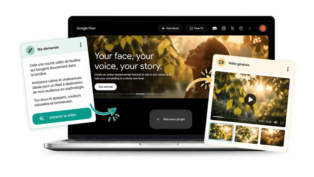 Outils IA Google : générer une vidéo de feuilles dans la lumière avec Flow.